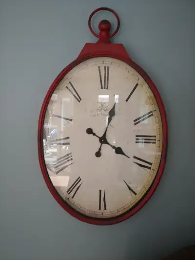 HUGE GROSSE WALL CLOCK HORLOGE DE POCHE ROUGE VINTAGE LOOK, View more