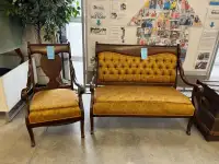Vintage Wooden Loveseat & Armchair