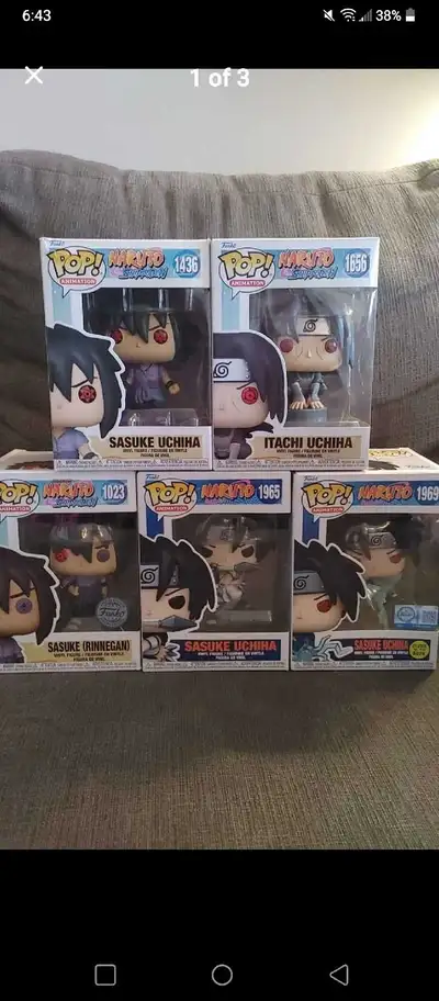 Selling a collection of Funko Pop Naruto figures, specifically featuring Sasuke Uchiha and Itachi Uc...