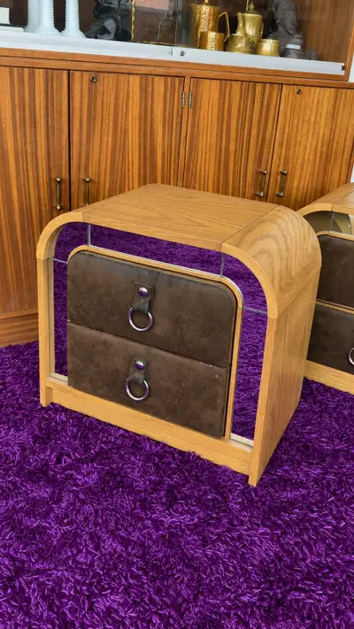 Vintage Postmodern Mirrored + Suede Arched Nightstands, View more