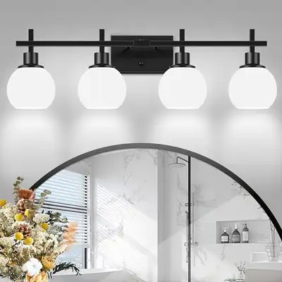 Black Wall-Mount Vanity Light with Milky White Shade – Modern 4-, View more