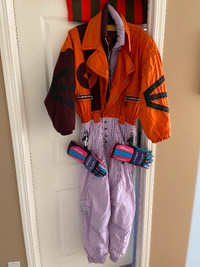 Vintage Retro Fire and Ice One Piece Ski Suit & Retro Ski Gloves