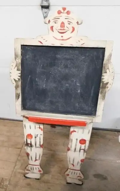 ANTIQUE WOODEN CLOWN CHALK BOARD 41 INCHES TALL, View more