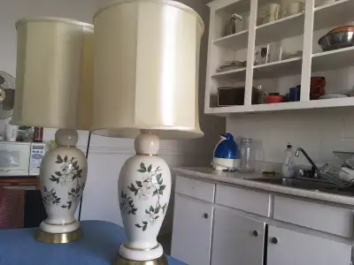 Two Flower Painted lamps with Tan/Gold Lampshades, View more