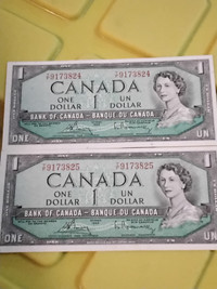 1954 Canada $1 Banknotes. Modified Portrait. 2 Consecutive.