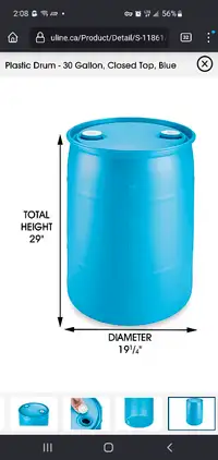 Plastic Drum - 30 Gallon, Closed Top, Blue