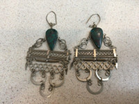 Vintage Earrings. Approx 3” tall.  Double Sided Greenish Stone.