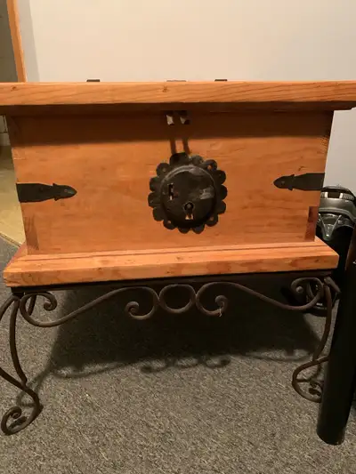 Pine side table with wrought iron accents , View more