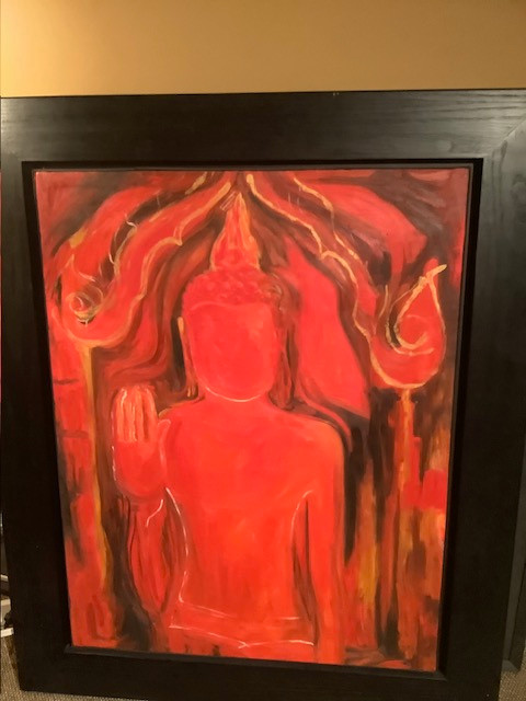 Large oil painting of red buddha on black frame in Arts & Collectibles in Gatineau