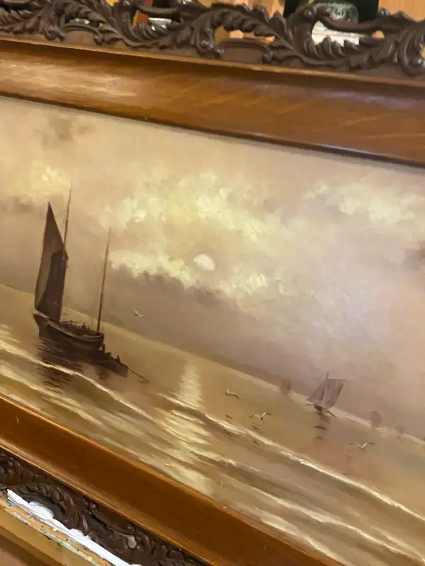 ANTIQUE WOOD OPENWORK FRAME DANISH OIL ON CANVAS PAINTING SEA. in Arts & Collectibles in Vancouver - Image 8