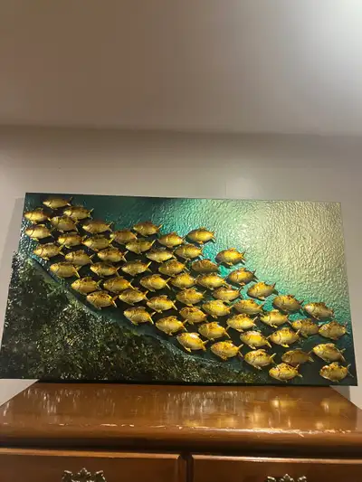 Large 22” h x 40” w metal wall art of schooling fish., View more