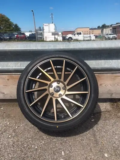 Condition New 18x8.5 +35 5x100 5x114.3 JNC 051 - Matte Black w/ Bronze Face & Black Rivets $ 1680 pl...