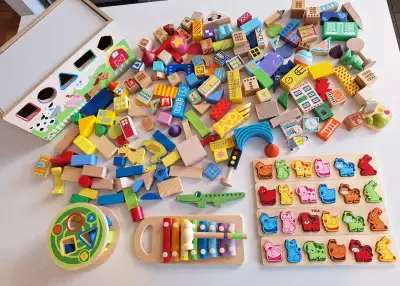 155 blocs avec boîte de rangement et autres jouets en bois. Excellent état. Vendus uniquement en lot...