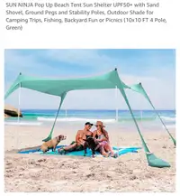 SUN NINJA Pop Up Beach Tent Sun Shelter UPF50+ with Sand Shovel,