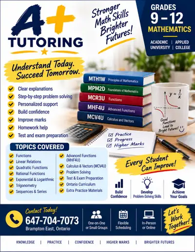 Boost your math skills with professional A+ Tutoring services tailored for grades 9-12 mathematics s...