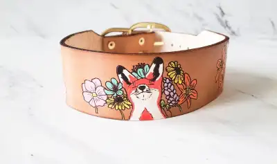 Beautiful leather fox-themed dog collar, View more