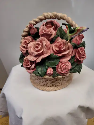 VTG Woven Basket Filled With Porcelain Pink Roses Music Box, View more