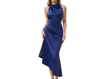 Satin Mock Neck Backless Midi Cocktail Dress Size, View more