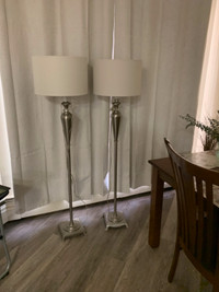 FLOOR LAMPS WITH SHADES TRI LIGHTS-USED-HEAVY -SILVER COLOR