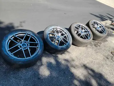 Enkei TY-5 (Hyper Silver) Wheels 18" x 8.5" 5/114.3 50mm offset 72.60mm bore Wheels wrapped in Bridg...