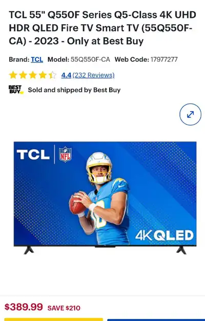 TCL 55" Q550F 4K UHD HDR QLED Fire TV Smart TV  FROM JUST - $300, View more