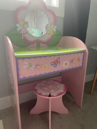 Girls vanity room decor and stool 