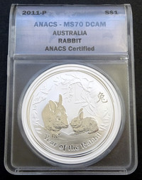 2011 Australia: 1 oz Silver, $1 Year of the Rabbit, ANACS MS 70