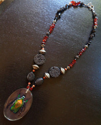 Lava Rock Necklace with Scarab Pendant