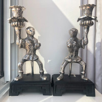 Vintage Silver Plated Patina monkey candle holders 