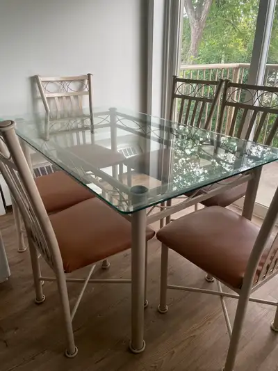 Glass Dining Table with 6 Leather Chairs – $300, View more