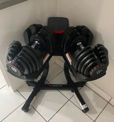 Novalook Adjustable dumbbells 10lbs to 90lbs + BowFlex Stand + Adjustable bench + Novalook Ab Roller...