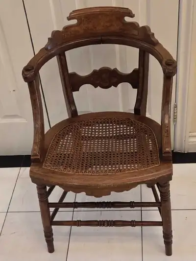 ANTIQUE LATE VICTORIAN 1890'S CARVED  WALNUT CANE SEAT CHAIR, View more