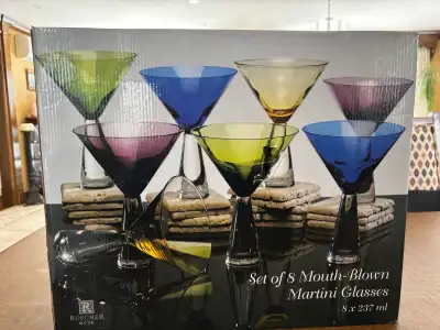8 Roscher + Cie mouth- blown coloured martini glasses -blue, green,amber, purple -each glass holds 8...