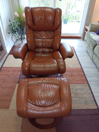 Genuine Leather Brown Reclining Chair and Ottoman