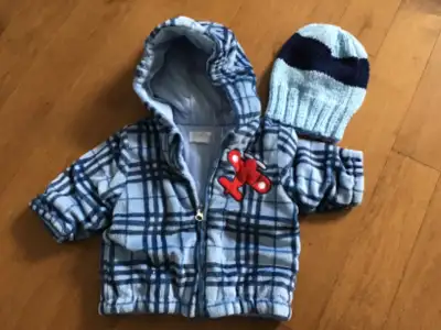 CHEROKEE BRAND LINED FLEECE COAT / JACKET HOODED 6 MONTH SIZE BLUE/LIGHT BLUE PLAID PATTERN ZIP UP W...