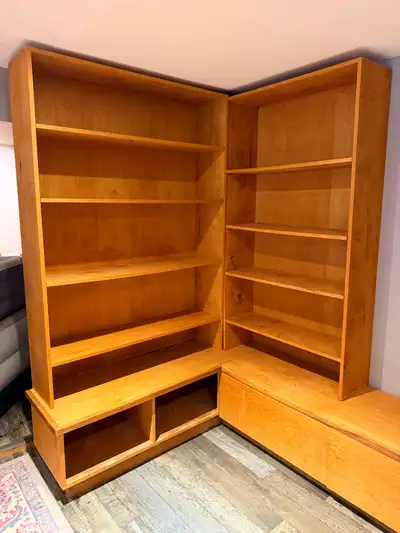 custom built wooden bookcase and base unit with drawers, View more