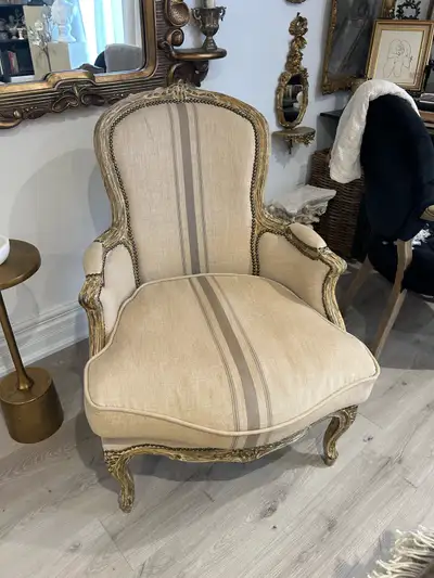 Vintage linen & burlap wood accent chair, View more