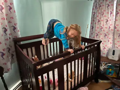 Hi, Very nice crib. Solid and the front comes off to make it a bed. Our daughter used it to five yea...