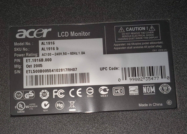 19" Acer AL1916 LCD Flat Panel Monitor (Black) dans Moniteurs  à Laval/Rive Nord - Image 3