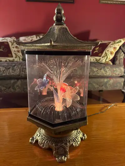 Vintage Fiber Optic Flower Gold Tone Metal Lotus Lamp Asian, View more