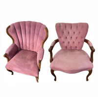 Pair of Vintage MCM Pink Accent Chairs Tufted Back & Clam Shell 