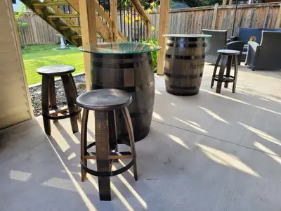 Barrels as patio / BBQ table, View more