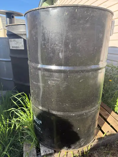 45 gallon steel drums Great for burn barrel or scrap bins Wouldn’t recommend for rain barrel $10 as...