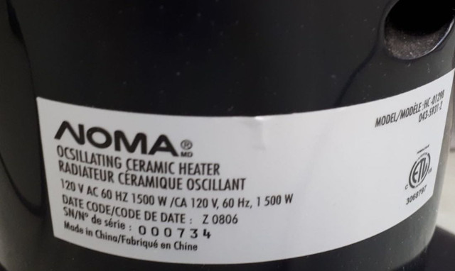 NOMA Oscillating Ceramic Tower Heater in Heaters, Humidifiers & Dehumidifiers in Edmonton - Image 3