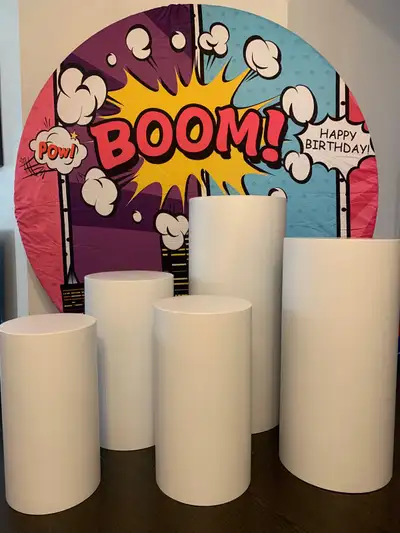 White metal Plinths for rent. Set of 5: $80 . Individual: $30. Delivery additional.