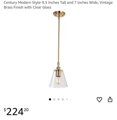 New!! “Mid-Century Modern Brass Pendant Light – Clear Glass, View more