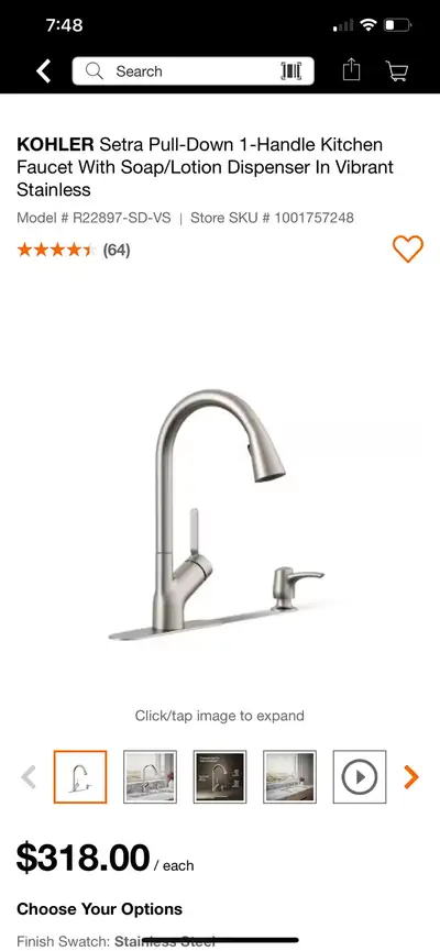 KOHLER Setra Pull-Down 1-Handle Kitchen Faucet With Soap/Lotion, View more