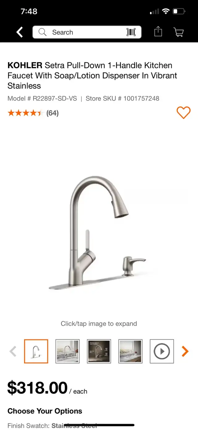 KOHLER Setra Pull-Down 1-Handle Kitchen Faucet With Soap/Lotion