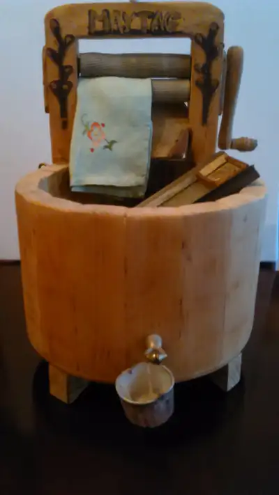 Unique folk art hand crafted miniature wooden wringer washer with linen towel, washboard, attached b...