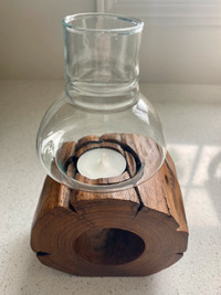 Wooden Log & Glass Tea-light Candle Holder/ Lantern 